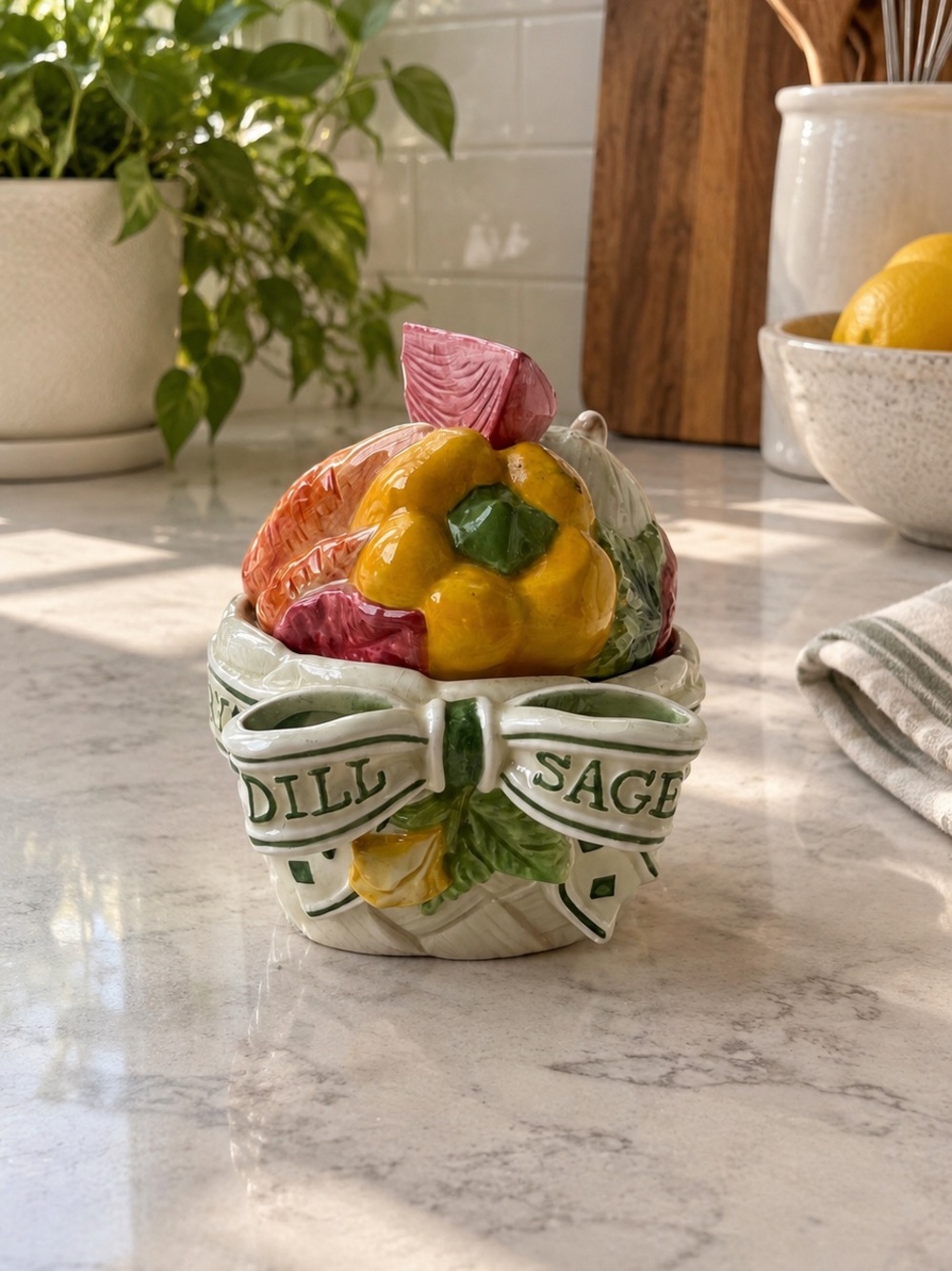 Fitz and Floyd Hand-Painted Herb Jar in Yellow, Green & Pink